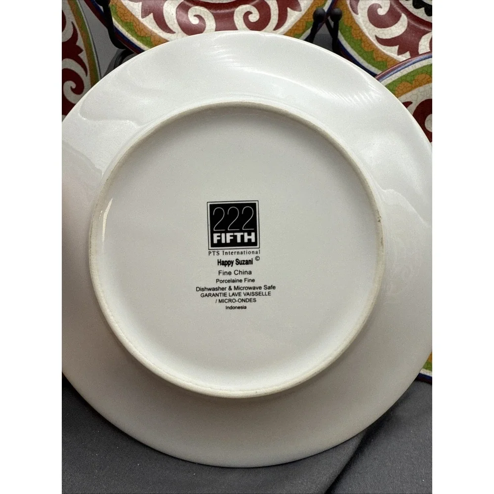 222 Fifth Happy Suzani Small Plate 6.25 Inch Salad Dessert Rd Gr Bl Ye Set Of 8